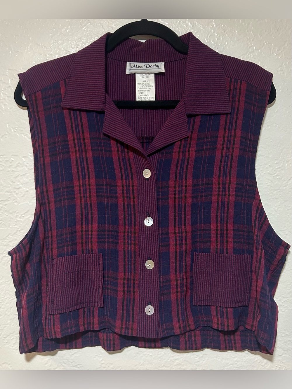 Vintage Miss Dorby Plaid Button-Front Crop Top in Burgundy and Navy